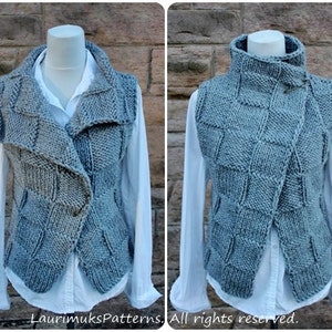 May include: A gray knitted vest with a high collar and a diagonal closure. The vest is made with a textured stitch pattern and has a relaxed fit.