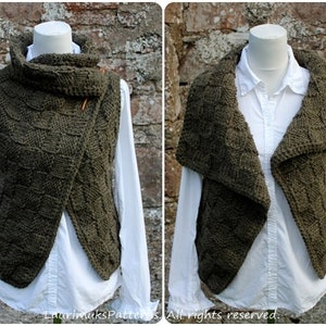 May include: A green knitted vest with a shawl collar and a wrap-around design. The vest is worn over a white button-down shirt.