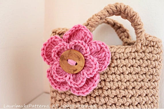 CROCHET PATTERN for Kids Little Girls Beige Flower Purse Bag