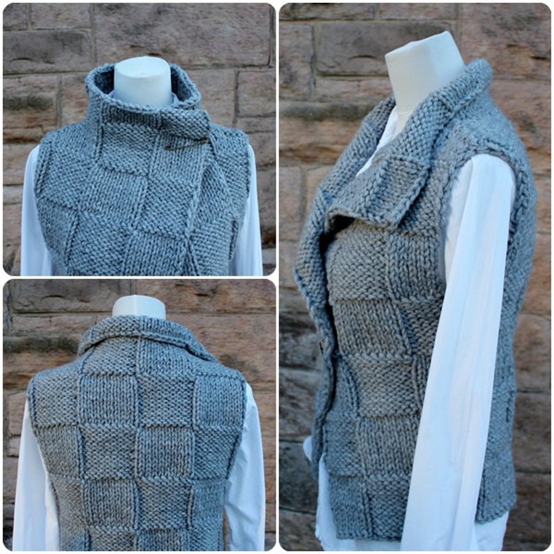 May include: A gray knitted vest with a high collar and a button closure. The vest has a checkered pattern and is sleeveless.