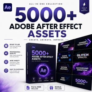 May include: A digital product bundle featuring 5000+ Adobe After Effect assets. The packaging displays the Ae logo, text including All-In-One Collection, and categories like dynamic titles, modern transitions, glitch effects, and motion graphics.