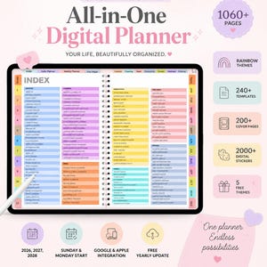 May include: An all-in-one digital planner displayed on a tablet screen, featuring an index page with categorized sections for lifestyle, cleaning, meal planning, productivity, wellness, and finance, alongside icons for 1060+ pages and 2000+ digital stickers.