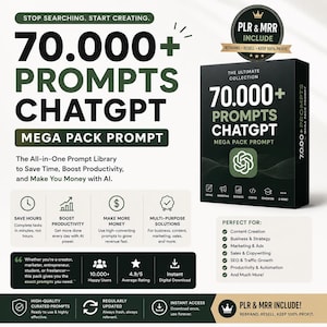 Puede incluir: Un anuncio de producto digital para 70.000+ prompts de ChatGPT. La caja negra muestra el texto 70.000+ PROMPTS CHATGPT MEGA PACK PROMPT y un logotipo. El dise&ntilde;o incluye secciones sobre beneficios, valoraciones de usuarios y usos como creaci&oacute;n de contenido.
