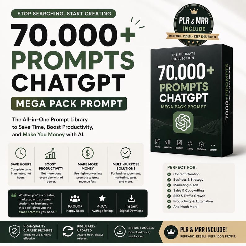 Puede incluir: Un anuncio de producto digital para 70.000+ prompts de ChatGPT. La caja negra muestra el texto 70.000+ PROMPTS CHATGPT MEGA PACK PROMPT y un logotipo. El dise&ntilde;o incluye secciones sobre beneficios, valoraciones de usuarios y usos como creaci&oacute;n de contenido.