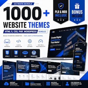 May include: A digital product bundle featuring 1000+ website themes for HTML5, CSS, PHP, and WordPress. The graphic displays a laptop and smartphone showing website layouts, with text including "Ultimate Bundle," "PLR & MRR Include," and "Bonus Include."