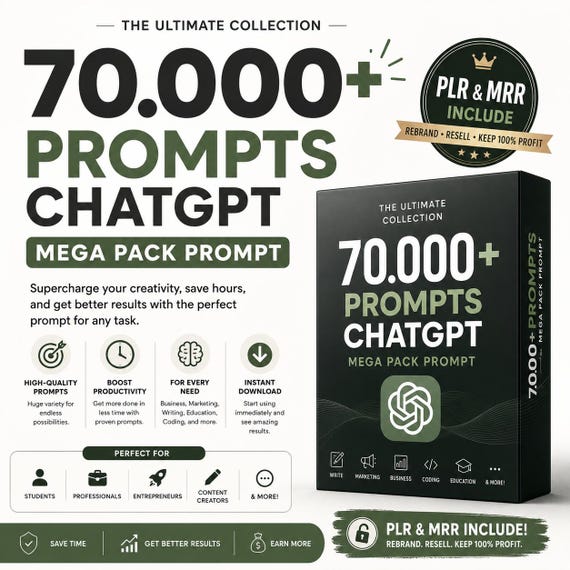 70,000+ ChatGPT Prompts Mega Pack (PLR MRR) Business Marketing Content Productivity
