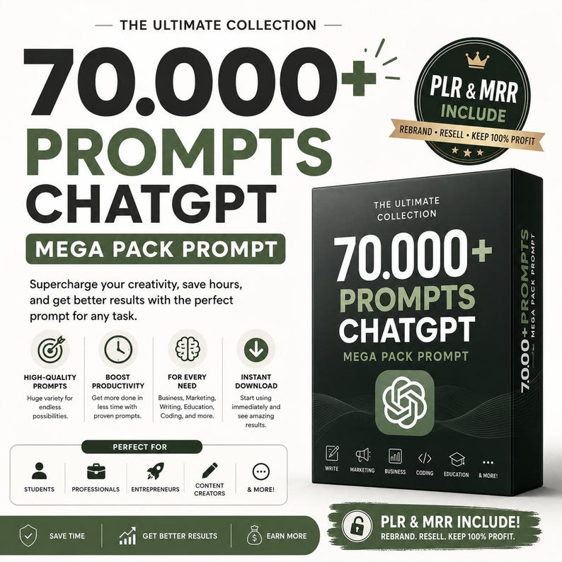 Puede incluir: Un paquete de productos digitales con 70.000+ prompts de ChatGPT. La caja negra muestra el texto THE ULTIMATE COLLECTION, 70.000+ PROMPTS CHATGPT y MEGA PACK PROMPT. Incluye iconos para escritura, marketing, negocios, programaci&oacute;n y educaci&oacute;n.