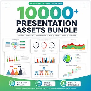 May include: A digital bundle of 10000+ presentation assets featuring charts, diagrams, infographics, maps, tables, and icons. The graphic displays various data visualisation examples including funnel diagrams, bar charts, pie charts, and timelines.