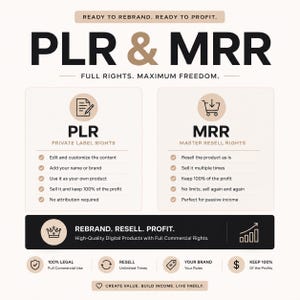 Puede incluir: Un gr&aacute;fico informativo titulado PLR & MRR con el texto Ready to Rebrand. Ready to Profit. Describe los derechos de etiqueta privada y los derechos de reventa maestros, enumerando beneficios como editar contenido y mantener el 100% de las ganancias.