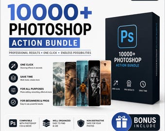 Paquete de más de 10 000 acciones de Photoshop / Acciones profesionales para edición de fotos / Efectos y filtros / Kit de herramientas de diseño gráfico
