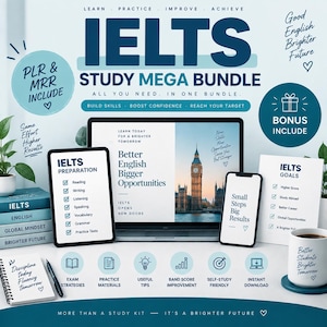 May include: IELTS Study Mega Bundle digital product set featuring a laptop, tablet, and smartphone displaying study materials, exam preparation checklists, and goal lists. Includes a notebook, pen, and mug with text, all in a blue and white color scheme.
