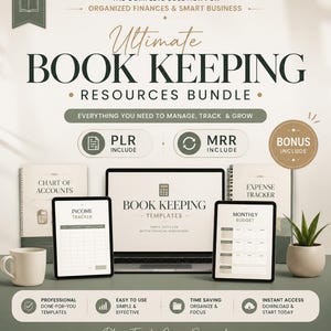 May include: A digital bookkeeping resources bundle featuring a laptop displaying book keeping templates, two tablets showing income tracker and monthly budget sheets, two spiral notebooks, a coffee mug, and a small potted succulent plant.