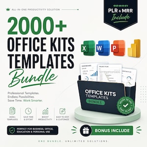 May include: A digital product bundle titled 2000+ OFFICE KITS TEMPLATES Bundle, featuring icons for Excel, Word, and PowerPoint. The graphic includes text stating PLR & MRR Include, professional templates, and a black folder containing document previews.