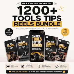Op de afbeelding: Een digitaal marketingpakket met 1200+ Reels met gereedschapstips. De afbeelding toont vijf smartphoneschermen met videocontent en tekstoverlays zoals Smart Tools Better Results, One Tool Many Uses en Tool Hack You Should Know.