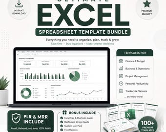 Paquete definitivo de plantillas de hojas de cálculo de Excel / Incluye derechos de reventa y derechos de reventa.