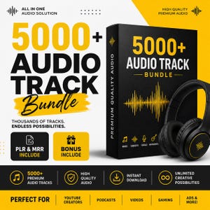 Könnte beinhalten: Eine schwarze Box mit der Aufschrift 5000+ AUDIO TRACK BUNDLE und einer gelben Schallwellengrafik, begleitet von schwarzen Over-Ear-Kopfhörern. Der Text enthält ALL IN ONE AUDIO SOLUTION, HIGH QUALITY PREMIUM AUDIO, PLR & MRR INCLUDE und BONUS INCLUDE.