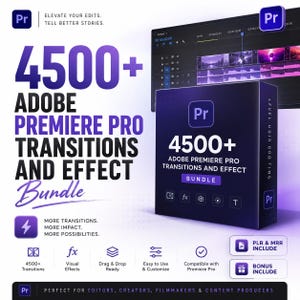 Puede incluir: Un paquete de productos digitales para Adobe Premiere Pro con más de 4500 transiciones y efectos. La caja morada y negra muestra el texto 4500+ Adobe Premiere Pro Transitions and Effect Bundle, con iconos de efectos visuales, arrastrar y soltar.