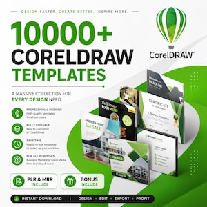 Könnte beinhalten: Eine digitale Grafikwerbung für 10000+ CorelDRAW-Vorlagen mit einem grünen Heißluftballon-Logo. Der Text lautet Design Faster. Create Better. Inspire More. Sie zeigt verschiedene Beispielvorlagen, darunter Speisekarten und Urkunden.