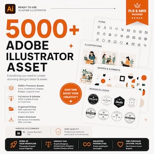 May include: A digital graphic design bundle featuring 5000+ Adobe Illustrator assets including icons, illustrations, shapes, badges, and logos. The white promotional layout displays orange text and icons, showcasing various vector elements and file formats.