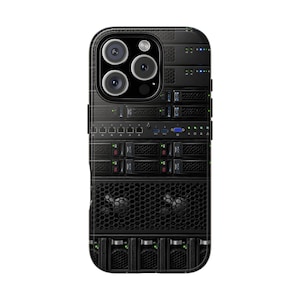 May include: A smartphone case featuring a high-resolution graphic print of a server rack data center. The design displays stacked black server hardware units with visible cooling fans, metallic drive bays, and small glowing green status indicator lights.