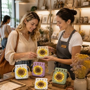 May include: Four small, square, crocheted drawstring pouches featuring a sunflower motif with a brown center, yellow petals, and a cream, lavender, or sage green border. Each pouch has a matching crocheted strap and a small heart-shaped charm.