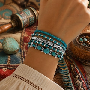 Boho-Armbandset mit Türkis, tibetische Silberarmbänder zum Stapeln, Vintage-Schmuck im Western-Boho-Stil – das perfekte Geschenk für Frauen