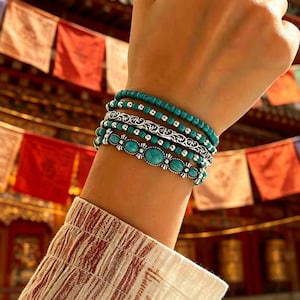 Set di bracciali turchesi in stile boho, bracciali impilabili in argento stile tibetano con perline, gioielli vintage boho a strati, regalo per donna