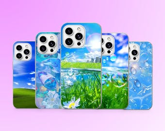 May include: Five smartphone cases arranged in a row, each featuring a distinct nature-inspired design. The patterns include a green grassy hill under a blue sky, underwater scenes with bubbles and aquatic life, and a close-up of water droplets.