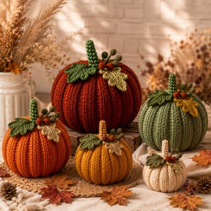 May include: A collection of five crocheted pumpkins in varying sizes and colors, including rust, orange, mustard yellow, sage green, and cream. Each pumpkin features a ribbed texture, a green stem, and decorative crocheted leaves and berries.