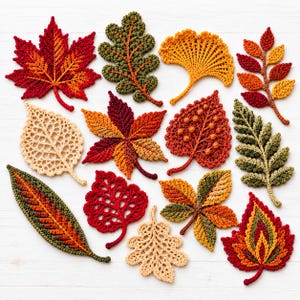 Könnte beinhalten: Eine Sammlung von zwölf gehäkelten Blättern in verschiedenen Formen und Größen in herbstlichen Farben wie Rot, Orange, Gelb, Grün und Creme. Das Set enthält detaillierte Designs von Ahorn-, Eichen-, Ginkgo- und farnartigen Blättern.