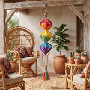 May include: A hanging spiral decoration featuring a crochet design in a rainbow gradient of red, orange, yellow, green, blue, and purple. The piece includes wooden beads, metallic chime rods, and a multi-colored yarn tassel at the bottom.