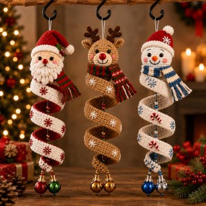 Schema PDF per decorazione natalizia a spirale all'uncinetto, set di decorazioni con Babbo Natale e renne.