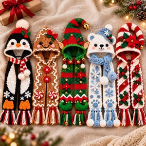 Puede incluir: Cinco bufandas con capucha de ganchillo con motivos navideños: un pingüino blanco y negro, un hombre de jengibre marrón, un elfo verde con un cascabel, un oso polar blanco con copos de nieve y un patrón de bastón de caramelo rojo y blanco.