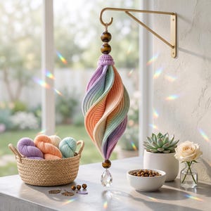 May include: A hanging spiral ornament crafted from pastel-coloured knit fabric in shades of lavender, peach, and mint. It features two brown tiger-eye beads at the top and one at the bottom, ending in a clear, faceted crystal teardrop pendant.