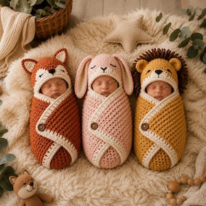 May include: Three crochet baby cocoons featuring animal designs: a rust-orange fox with pointed ears, a soft pink rabbit with long ears, and a golden-yellow lion with a dark brown mane. Each cocoon has a cream-colored trim and a single wooden button.