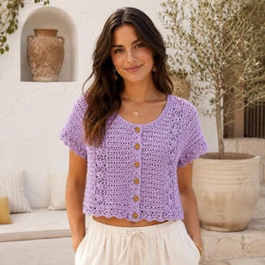 Crochet Button-Up Top Pattern PDF, Floral Lace Summer Cardigan, Short Sleeve Blouse Tutorial