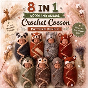 May include: An 8-in-1 woodland animal crochet cocoon pattern bundle featuring eight infants wrapped in handmade animal-themed swaddles including a panda, red panda, wolf, deer, hedgehog, owl, mole, and fox, with text reading 8 IN 1 WOODLAND ANIMAL.