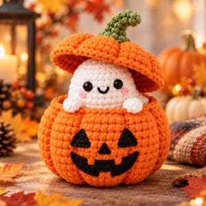 Peut inclure: Une figurine de fantôme blanc crochetée avec des yeux noirs et des joues roses, sortant d'une citrouille orange crochetée. La citrouille présente un visage de jack-o'-lantern noir cousu et un couvercle orange séparé avec une tige verte.