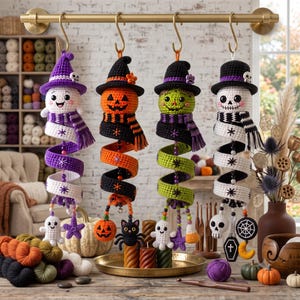 May include: Four crocheted Halloween hanging decorations suspended from a gold rod. The figures include a purple-hatted ghost, an orange jack-o'-lantern, a green-faced character, and a skull, each featuring a spiral tail with star accents.