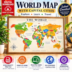May include: A world map print featuring 195 countries and capital cities in a colorful watercolor style. The map includes a compass rose, ocean labels, and the text THE WORLD 195 COUNTRIES CAPITAL CITIES. It is presented in a wooden frame.