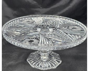 Vintage Heavy Cut Crystal Glass Pedestal Cake Stand 11" Etched Floral