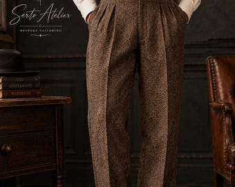 Wollen broek met visgraatmotief, herenbroek met hoge taille en plooien, op maat gemaakte pantalon, vintage herenkleding, tweedbroek voor heren