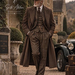 May include: A brown wool three-piece suit with a plaid pattern, a long overcoat, a white collared shirt, a brown tie, and a flat cap. The image includes the text Serto Atelier Bespoke Tailoring and A Well Dressed Life Always Finds A Way.