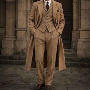 Camel Brown 3 Piece Suit with Overcoat, Men’s Wedding Groom Suit, Custom Tailored Vintage Formalwear, Hollywood Suit,Peaky Blinder style