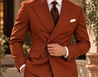 Rust Brown Double Breasted Suit for Men, Custom Made Wedding Suit, Tailored Groom Outfit, Men’s Formal Two Piece Suit