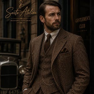 May include: A brown herringbone tweed three-piece suit consisting of a blazer, a button-up vest with a gold pocket watch chain, and trousers. The suit is worn with a white collared shirt and a brown tie. Text reads Serto Atelier Bespoke Tailoring.