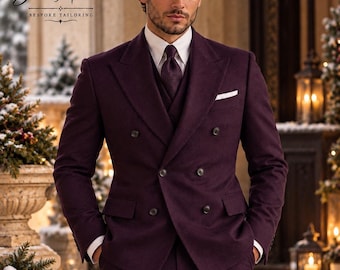 Deep Purple Double Breasted Suit for Men, 6x2 DB Suit Men, Custom Tailored Groom Suit, Purple Formal Suit, Winter Wedding Attire