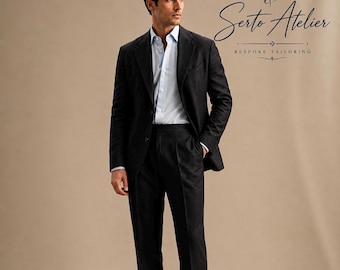 Men’s Black Linen Suit | Bespoke Tailored Wedding Suit | Made to Measure Formal Wear | Luxury Groom Suit | Black suit | regular office Suit