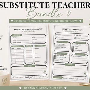 Puede incluir: Un paquete imprimible para docentes sustitutos que consta de dos páginas blancas con detalles en verde salvia. Los documentos incluyen secciones para información de la clase, horarios diarios, rutinas y formularios de comentarios.