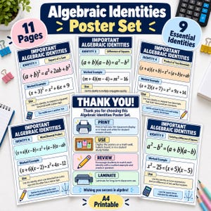 Puede incluir: Un conjunto de 11 pósteres sobre identidades algebraicas que incluye 9 identidades esenciales. Cada página muestra fórmulas, ejemplos resueltos e instrucciones de uso en un diseño colorido y organizado para facilitar el aprendizaje.